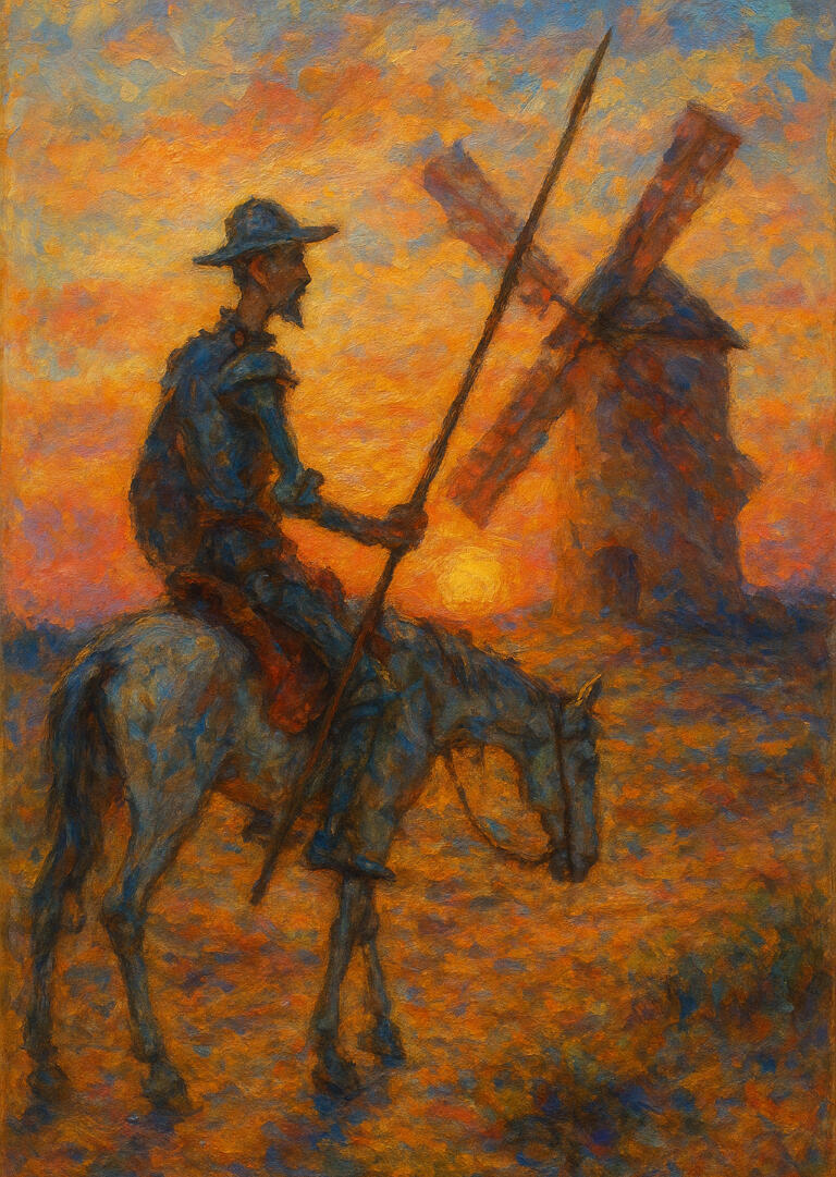Don Quixote rides toward the windmill at sunset
