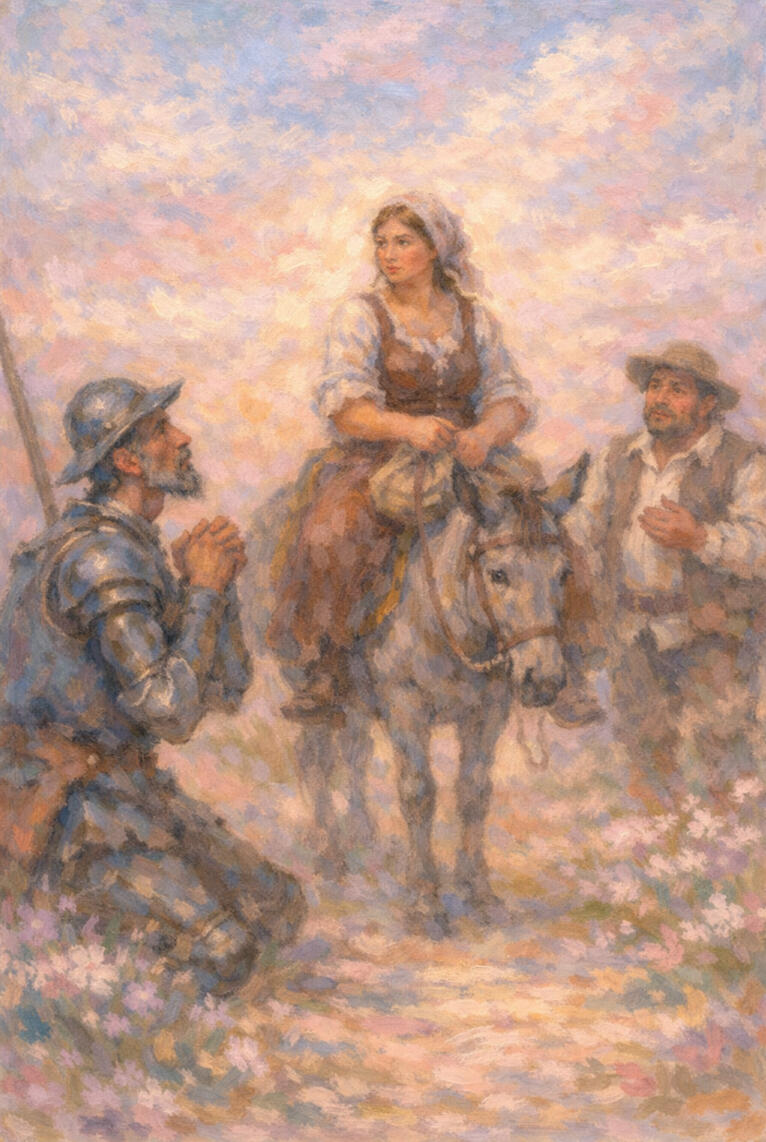 Don Quixote kneels before a lady on a mule